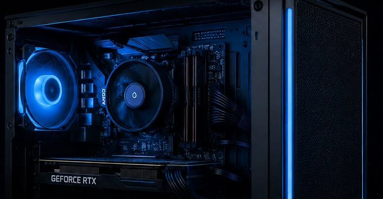 Desktop gaming PC with blue internal lighting